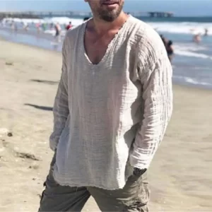 Men Burr Edge Collar Shirt V-neck Casual Shirt Stylish Men's V-neck Pullover Tops Loose Fit Pleated Design Solid for Casual