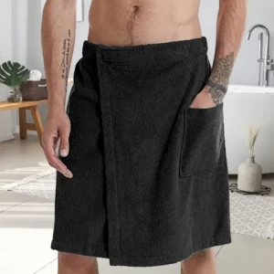 Men Bathrobe Bath Towel Adjustable Elastic Waist Homewear Nightgown Pocket Outdoor Sports Swimming Gym Spa Velcros Nightwear